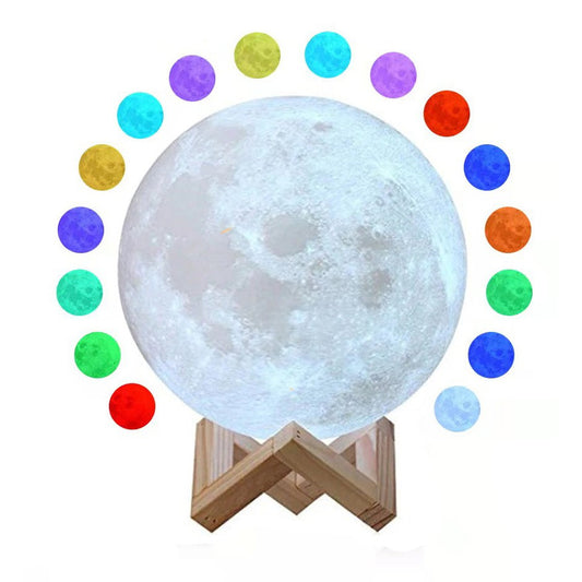 Lampa de veghe luna 3D Moon Light, lumina multicolora LED, 7 culori, schimbare culoare prin atingere, alimentare baterii, fara acumulator, stand din plastic inclus, 12 cm, Klevo