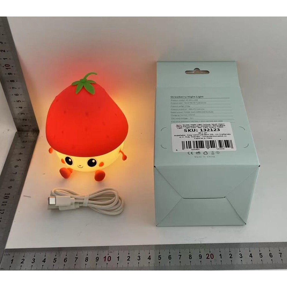 Lampa de Veghe pentru Copii, Klevo, din Silicon, Senzor Tactil, Model Capsunica, Lumina Calda, Protectie pentru Ochi, Incarcare USB, Capacitate Baterie Incorporata 1200mAh, 10.8x9x12.8 cm, Rosu