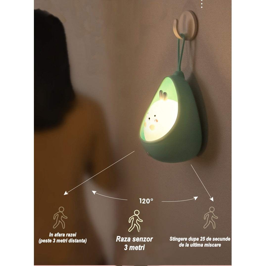 Lampa de veghe portabila cu 2 moduri de functionare Klevo, silicon non-toxic, reincarcabila USB, senzor miscare, albastru, iepuras