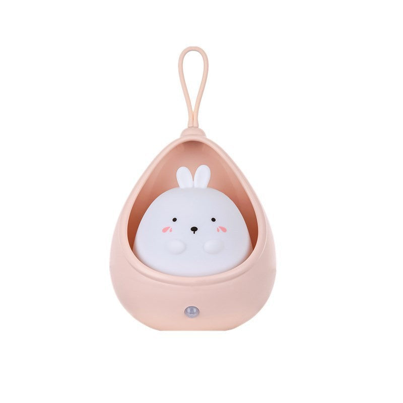 Lampa de veghe portabila cu 2 moduri de functionare Klevo, silicon non-toxic, reincarcabila USB, senzor miscare, roz, iepuras