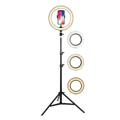 Lampa LED Circulara cu Trepied Metalic Extensibil, Klevo, Rotativa 360 de Grade, Lungime Extensie 210 cm, Diametru Lampa 26 cm, Conectare USB, Telecomanda, 3 Trepte de Lumina, Negru