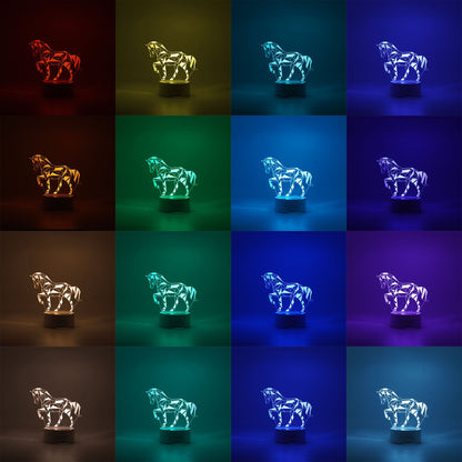 Lampa LED decorativa, Klevo, 3D, Cal, cu telecomanda, doua moduri de alimentare USB si baterii, 20 cm inaltime, din material acril si lumina multicolora, alb