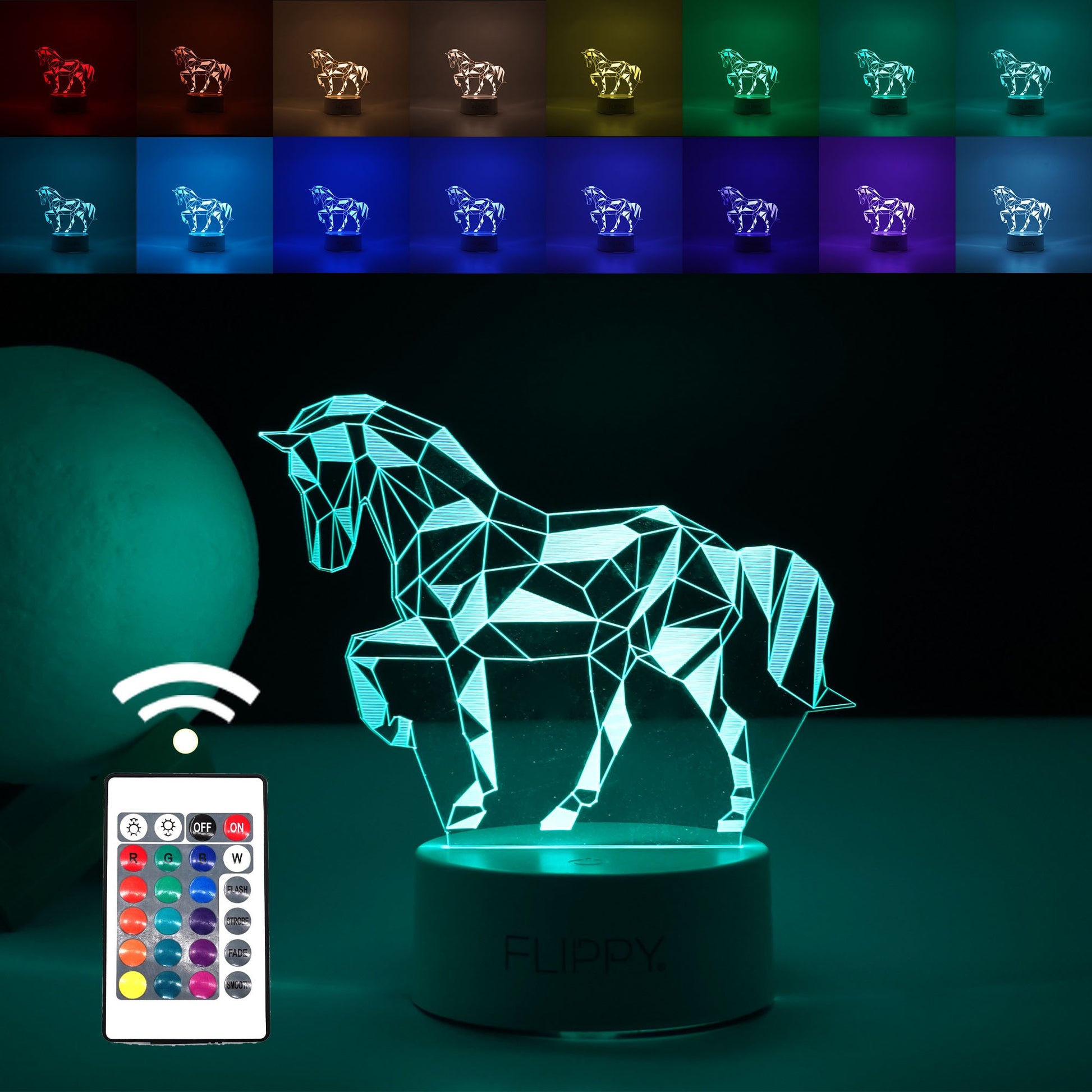 Lampa LED decorativa, Klevo, 3D, Cal, cu telecomanda, doua moduri de alimentare USB si baterii, 20 cm inaltime, din material acril si lumina multicolora, alb