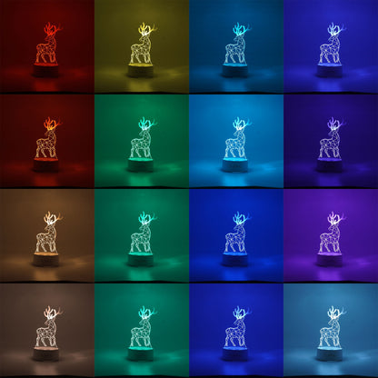 Lampa LED decorativa, Klevo, 3D, Cerb, cu telecomanda, doua moduri de alimentare USB si baterii, 20 cm inaltime, din material acril si lumina multicolora, alb