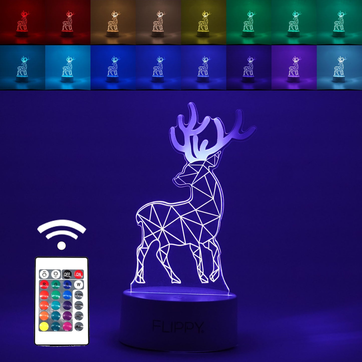 Lampa LED decorativa, Klevo, 3D, Cerb, cu telecomanda, doua moduri de alimentare USB si baterii, 20 cm inaltime, din material acril si lumina multicolora, alb