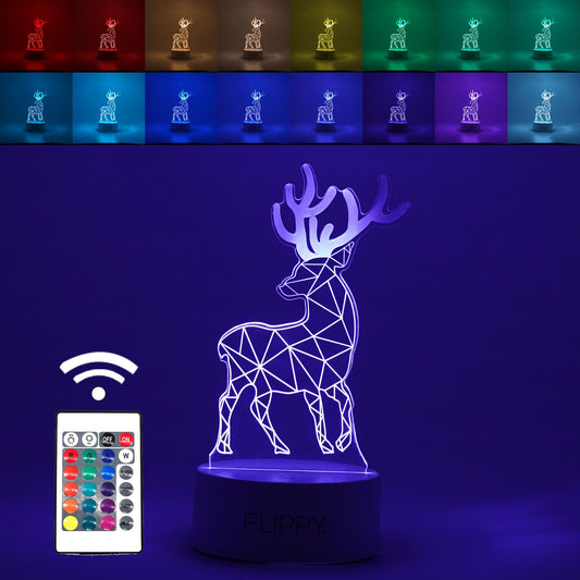 Lampa LED decorativa, Klevo, 3D, Cerb, cu telecomanda, doua moduri de alimentare USB si baterii, 20 cm inaltime, din material acril si lumina multicolora, alb