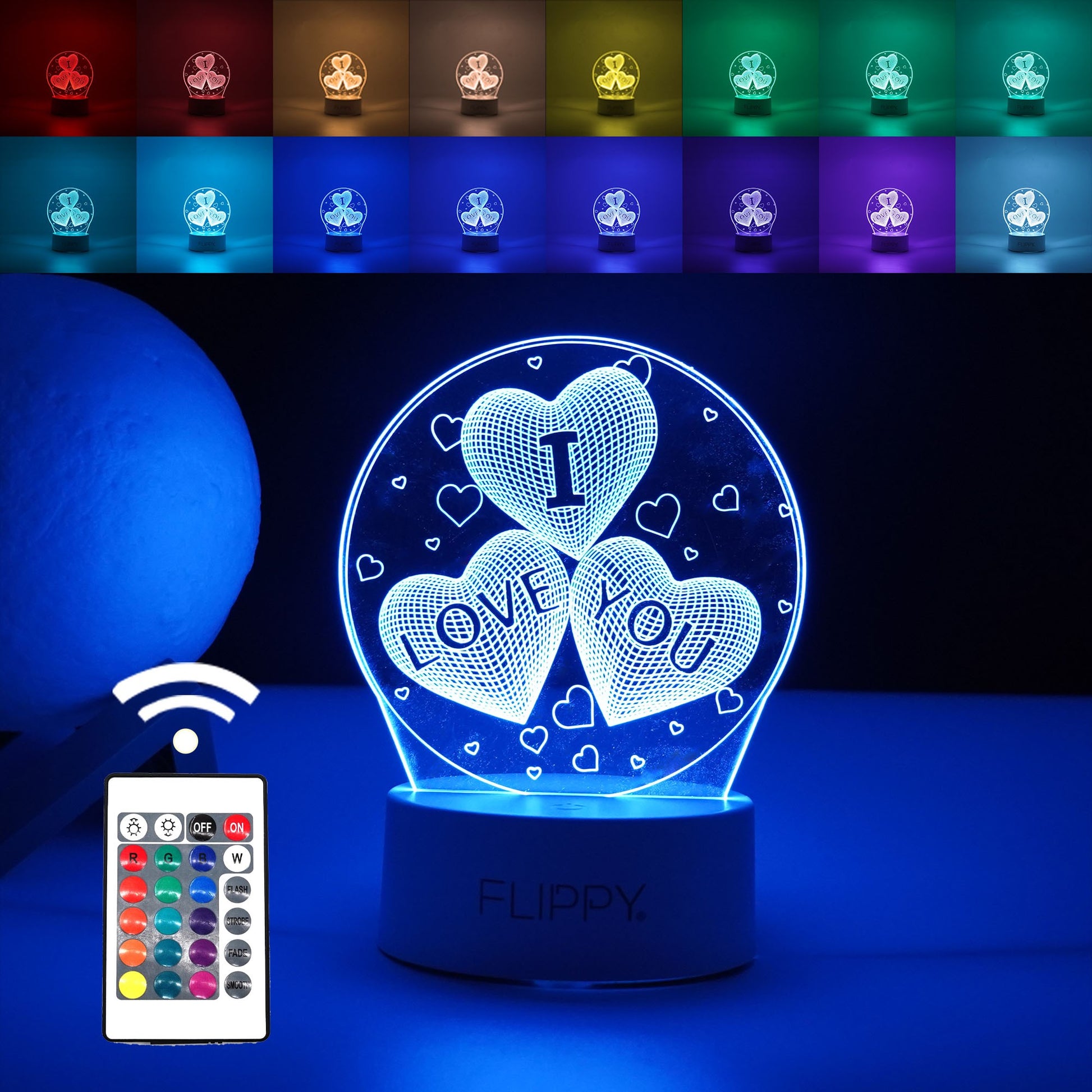 Lampa LED decorativa, Klevo, 3D, cu text "I love you", doua moduri de alimentare USB si baterii, 20 cm inaltime, din material acril si lumina multicolora, alb