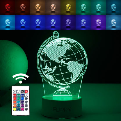 Lampa LED decorativa, Klevo, 3D, Globul Pamantesc, doua moduri de alimentare USB si baterii, 20 cm inaltime, din material acril si lumina multicolora, alb