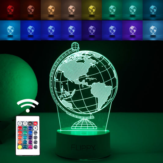 Lampa LED decorativa, Klevo, 3D, Globul Pamantesc, doua moduri de alimentare USB si baterii, 20 cm inaltime, din material acril si lumina multicolora, alb