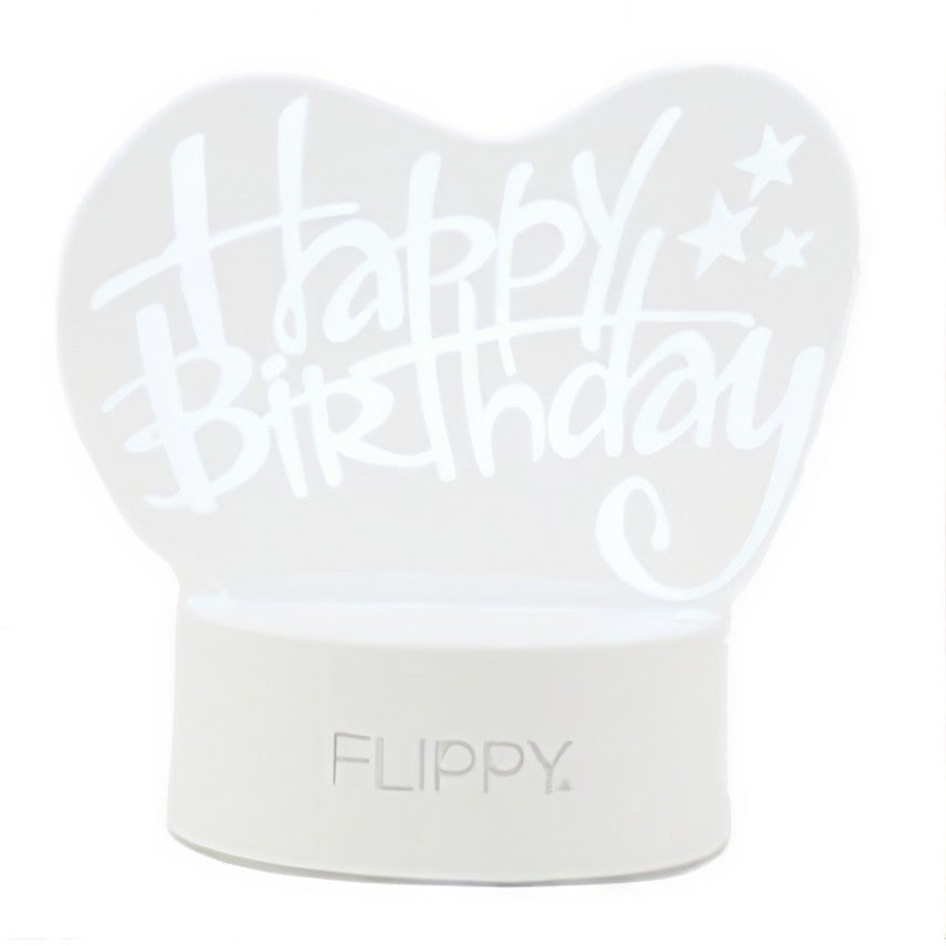 Lampa LED decorativa, Klevo, 3D, Happy Birthday, cu USB si baterii, 20 cm inaltime, din material acril, lumina multicolora si telecomanda inclusa, alb