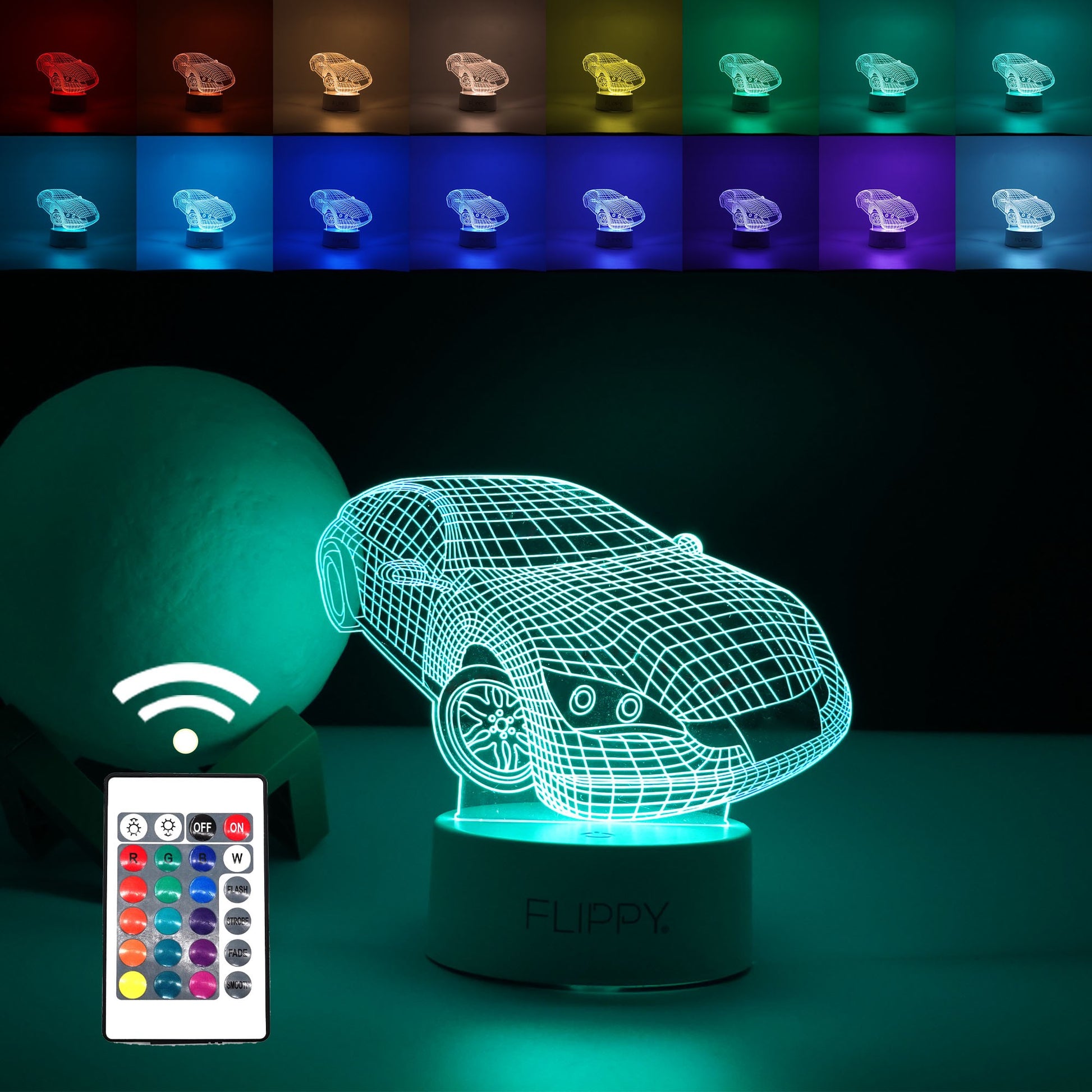 Lampa LED decorativa, Klevo, 3D, Masina Sport, doua moduri de alimentare USB si baterii, 20 cm inaltime, din material acril si lumina multicolora, alb
