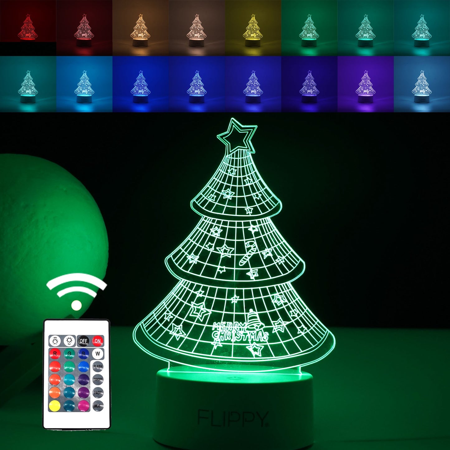 Lampa LED decorativa, Klevo, 3D, Pom de Craciun, din material acril si lumina multicolora, alb