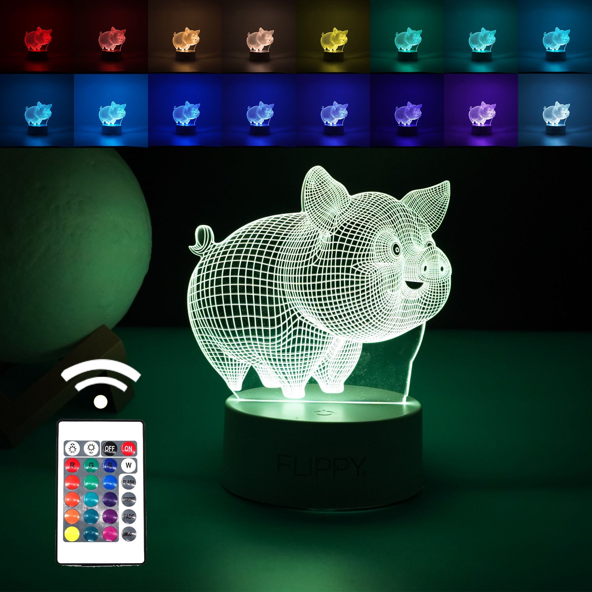 Lampa LED decorativa, Klevo, 3D, Porcusor Gras, din material acril si lumina multicolora, alb