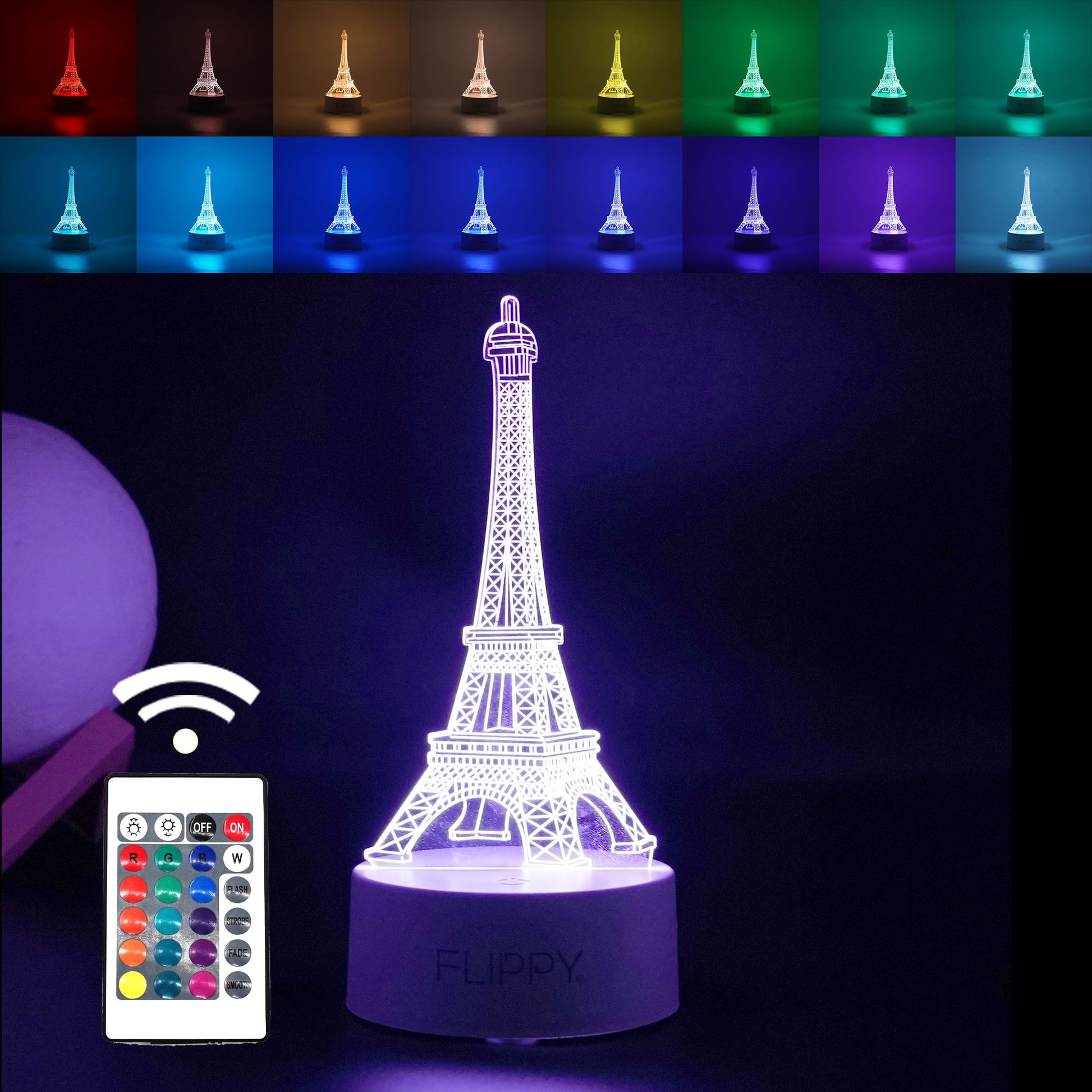 Lampa LED decorativa, Klevo, 3D, Turnul Eiffel, din material acril si lumina multicolora, alb
