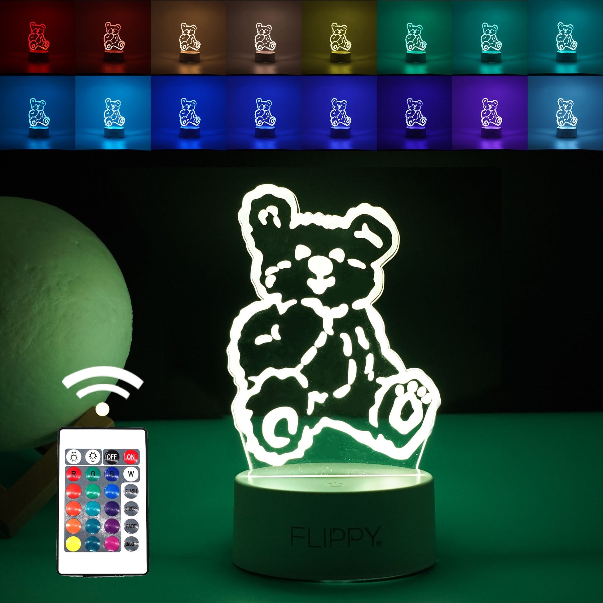 Lampa LED decorativa, Klevo, 3D, Ursulet, cu telecomanda, doua moduri de alimentare USB si baterii, 20 cm inaltime, din material acril si lumina multicolora, alb
