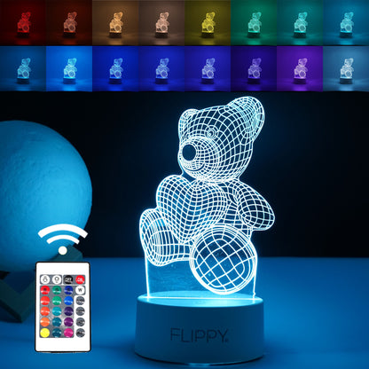 Lampa LED decorativa, Klevo, 3D, ursulet, din material acril si lumina multicolora, alb