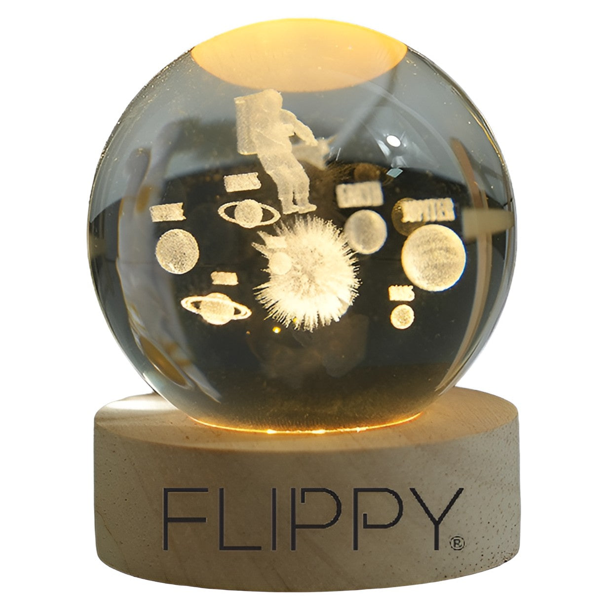 Lampa LED Decorativa, Klevo, cu Bila de Cristal cu Diametru 6cm, Model Astronaut in Galaxie 3D, Alimentare USB, Suport din Lemn, Lumina Alb Cald