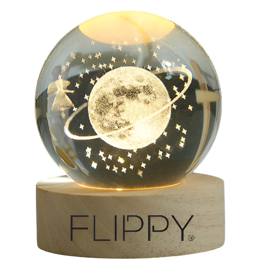 Lampa LED Decorativa, Klevo, cu Bila de Cristal cu Diametru 6cm, Model Cer Instelat 3D, Alimentare USB, Suport din Lemn, Lumina Alb Cald