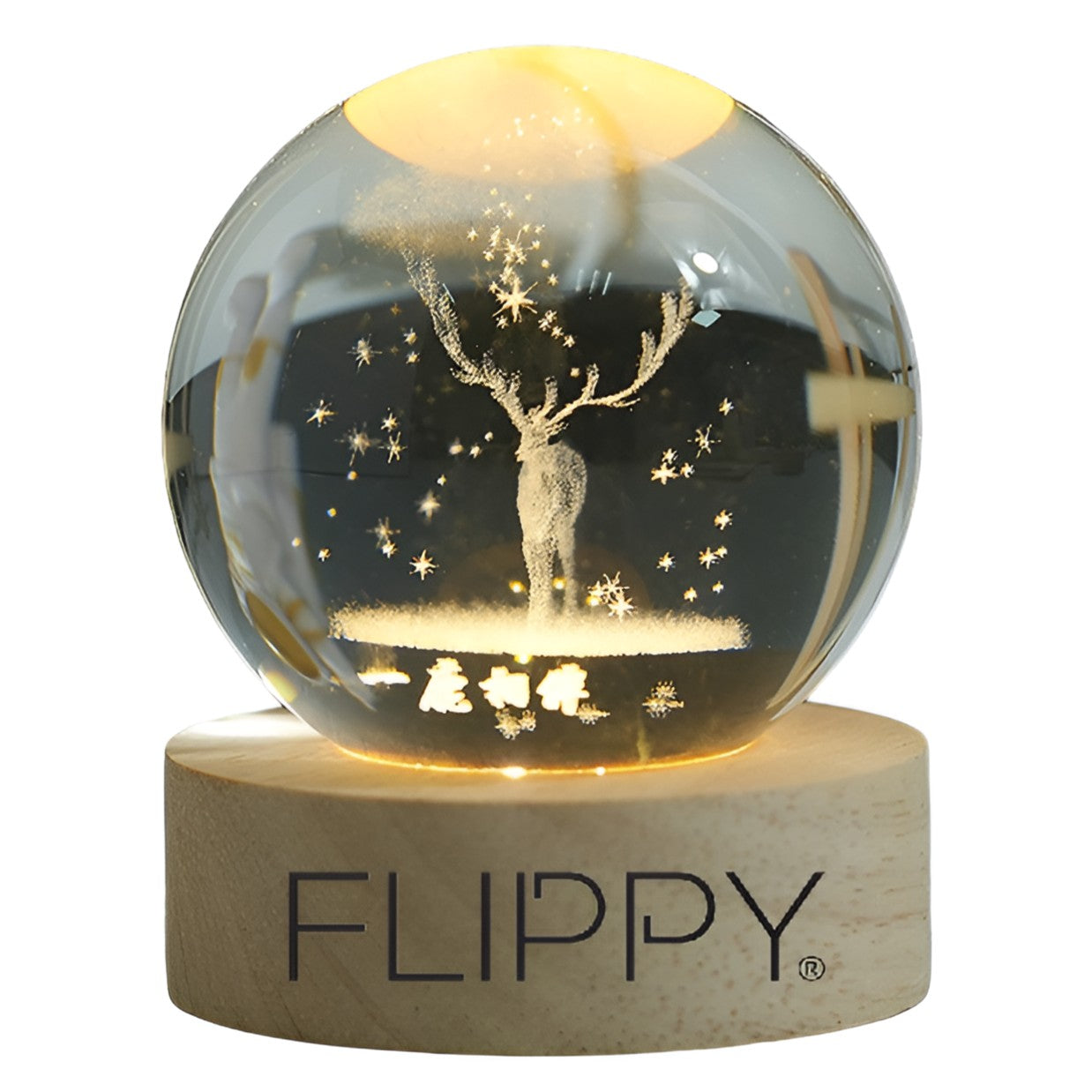 Lampa LED Decorativa, Klevo, cu Bila de Cristal cu Diametru 6cm, Model Cerb 3D, Alimentare USB, Suport din Lemn, Lumina Alb Cald