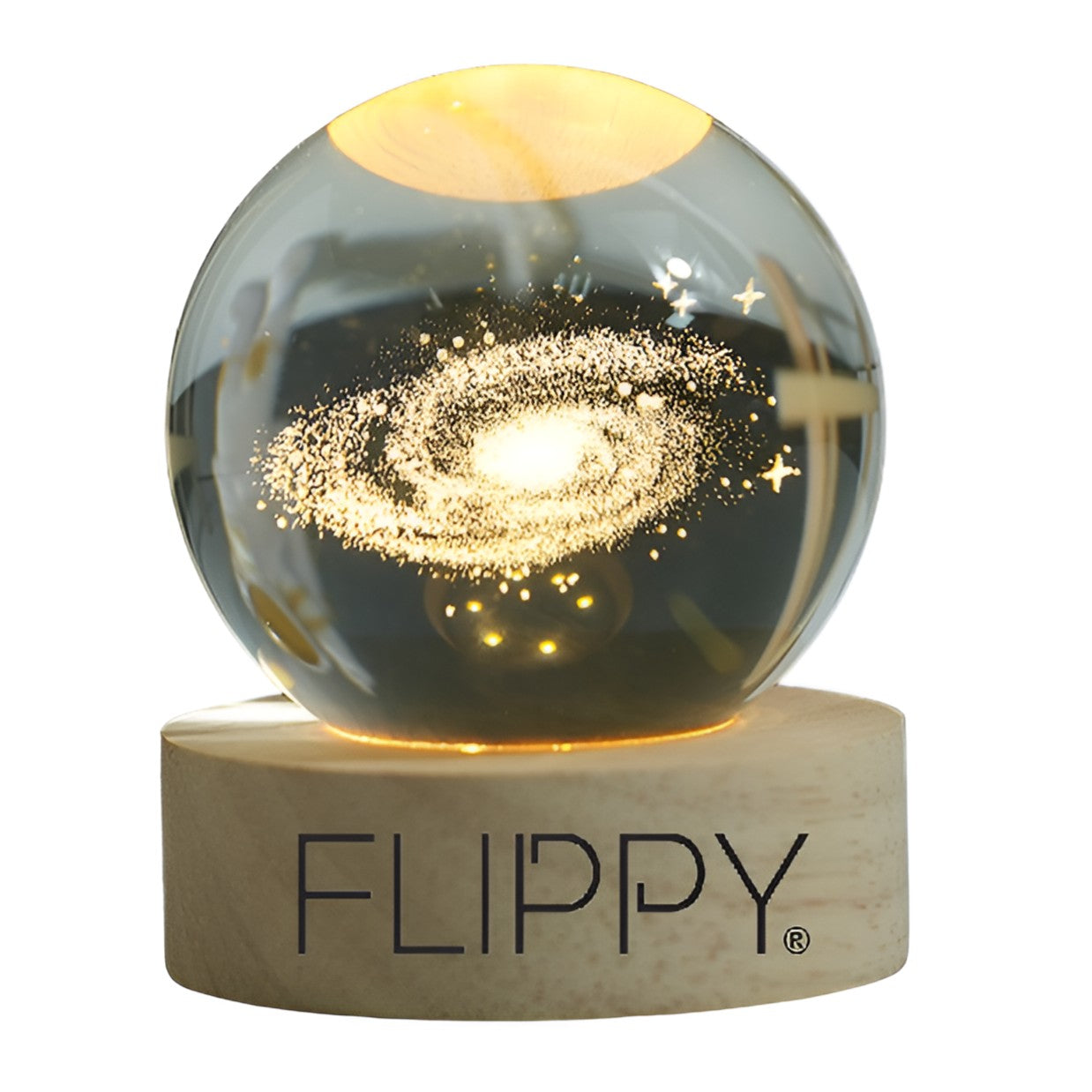 Lampa LED Decorativa, Klevo, cu Bila de Cristal cu Diametru 6cm, Model Galaxie 3D, Alimentare USB, Suport din Lemn, Lumina Alb Cald