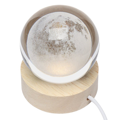 Lampa LED Decorativa, Klevo, cu Bila de Cristal cu Diametru 6cm, Model Luna 3D, Alimentare USB, Suport din Lemn, Lumina Alb Cald