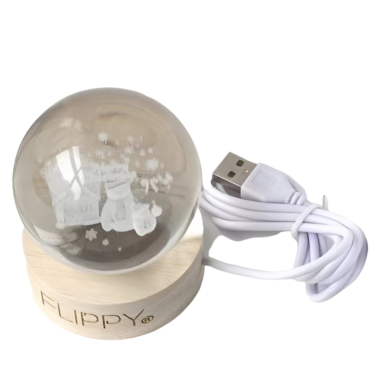 Lampa LED Decorativa, Klevo, cu Bila de Cristal cu Diametru 6cm, Model Merry Christmas 3D, Alimentare USB, Suport din Lemn, Lumina Alb Cald