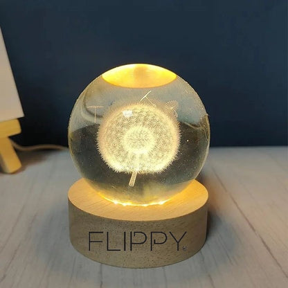 Lampa LED Decorativa, Klevo, cu Bila de Cristal cu Diametru 6cm, Model Papadie 3D, Alimentare USB, Suport din Lemn, Lumina Alb Cald