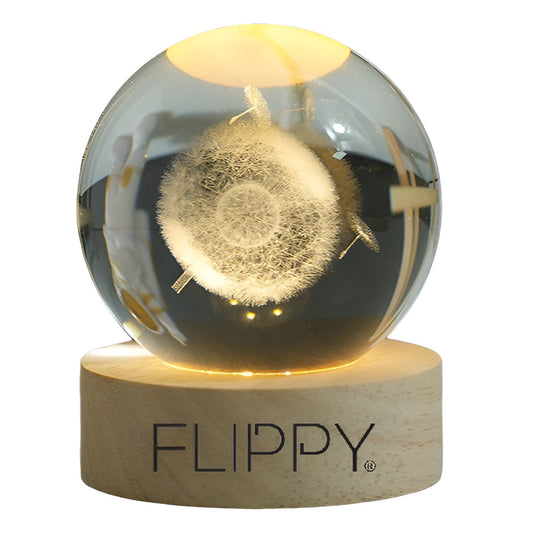 Lampa LED Decorativa, Klevo, cu Bila de Cristal cu Diametru 6cm, Model Papadie 3D, Alimentare USB, Suport din Lemn, Lumina Alb Cald