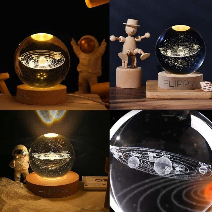 Lampa LED Decorativa, Klevo, cu Bila de Cristal cu Diametru 6cm, Model Sistemul Solar 3D, Alimentare USB, Suport din Lemn, Lumina Alb Cald