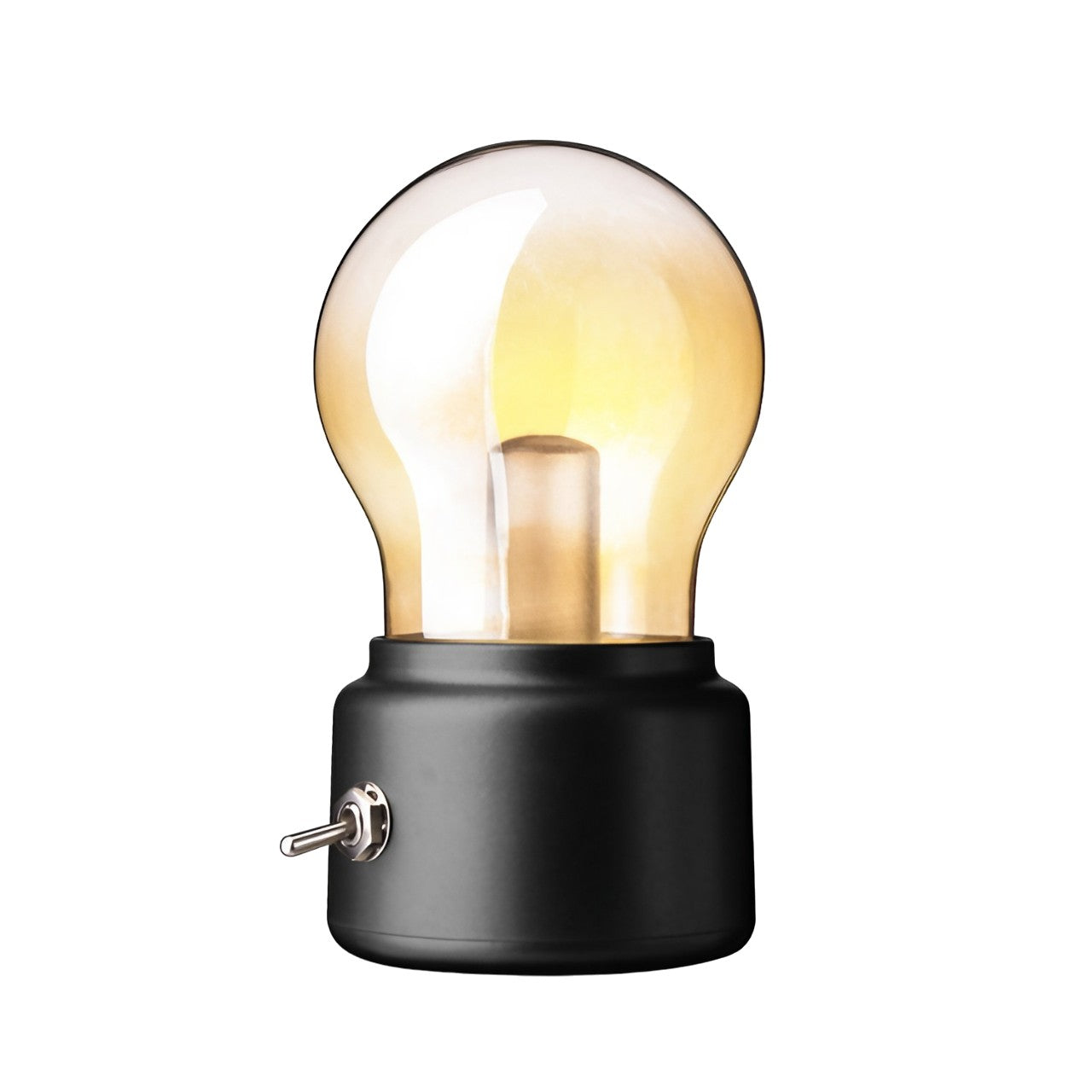 Lampa LED Decorativa sub forma de Bulb, Retro pentru interior, Negru/ Transparent, 5 V, 500 mA, ABS, Lumina Calda, Incarcare USB, Autonimie 12 Ore, Comutator Metalic, Klevo, 11x7x6 cm