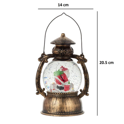 Decoratiune Craciun, Tip Felinar, Figurine Mos Craciun pe Cos, 3 Moduri, Functie Muzicala, Zapada in Miscare, Functioneaza Cu Baterii ( 3 x AA neincluse), Cablu USB (Inclus), Model Vintage Negru - Auriu, 14 x 11 x 20.5 cm, Alb Cald