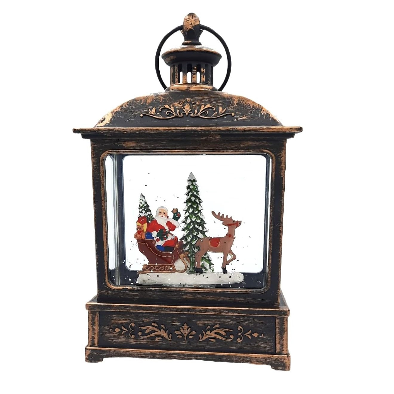 Decoratiune Craciun, Tip Felinar, Figurine Mos Craciun cu Sania, 3 Moduri, Functie Muzicala, Zapada in Miscare, Functioneaza Cu Baterii ( 3 x AA neincluse), Cablu USB (Inclus), Model Vintage Negru - Auriu, 15 x 8.1 x 22.5 cm, Alb Cald