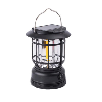 Lampa portabila camping, Felinar Vintage, ABS, Iluminare 30 COB LED, Intensitate reglabila, Acumulator inclus, Incarcare Solara si USB, 5W, Klevo, Negru