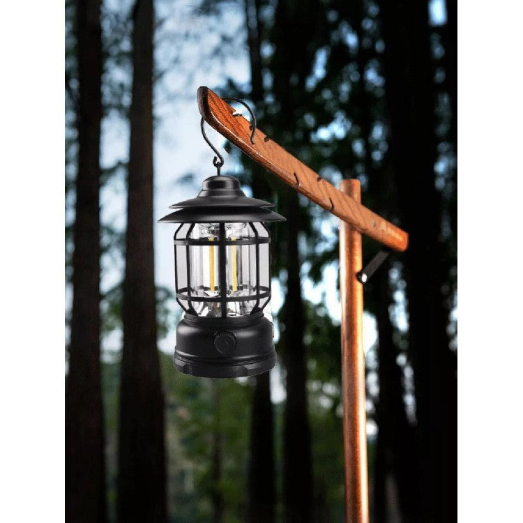 Lampa portabila camping, Felinar Vintage cu carlig, ABS, Iluminare 21 COB LED, Intensitate reglabila, 5W, Klevo, Negru
