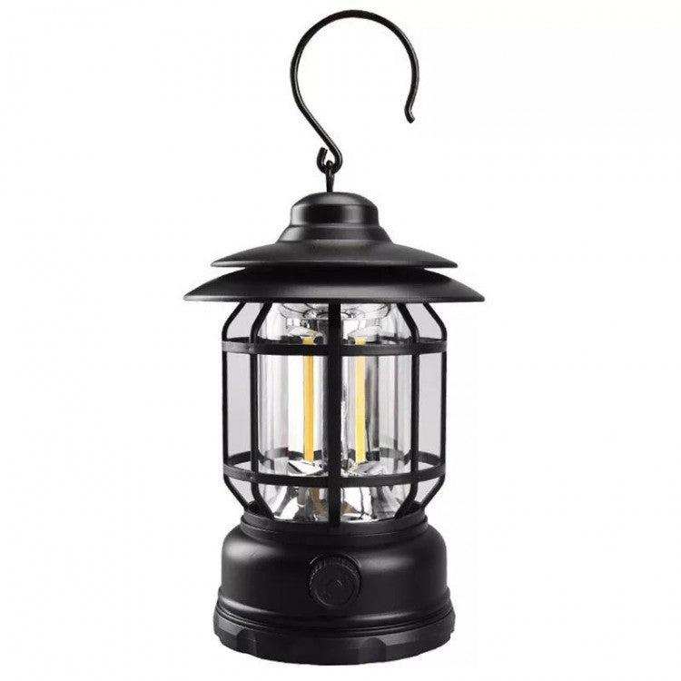 Lampa portabila camping, Felinar Vintage cu carlig, ABS, Iluminare 21 COB LED, Intensitate reglabila, 5W, Klevo, Negru