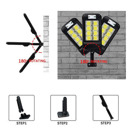 Lampa Solara De Exterior LED Klevo, 36 cm x 11.5 cm, kit montare inclus, 2880 Lumeni 120 COB LED 24 W - echivalent 192 W bec incadescent, IP65, Senzor de Miscare, 3 moduri de iluminare, Senzor de Lumina, 12 Grile, Alb Rece