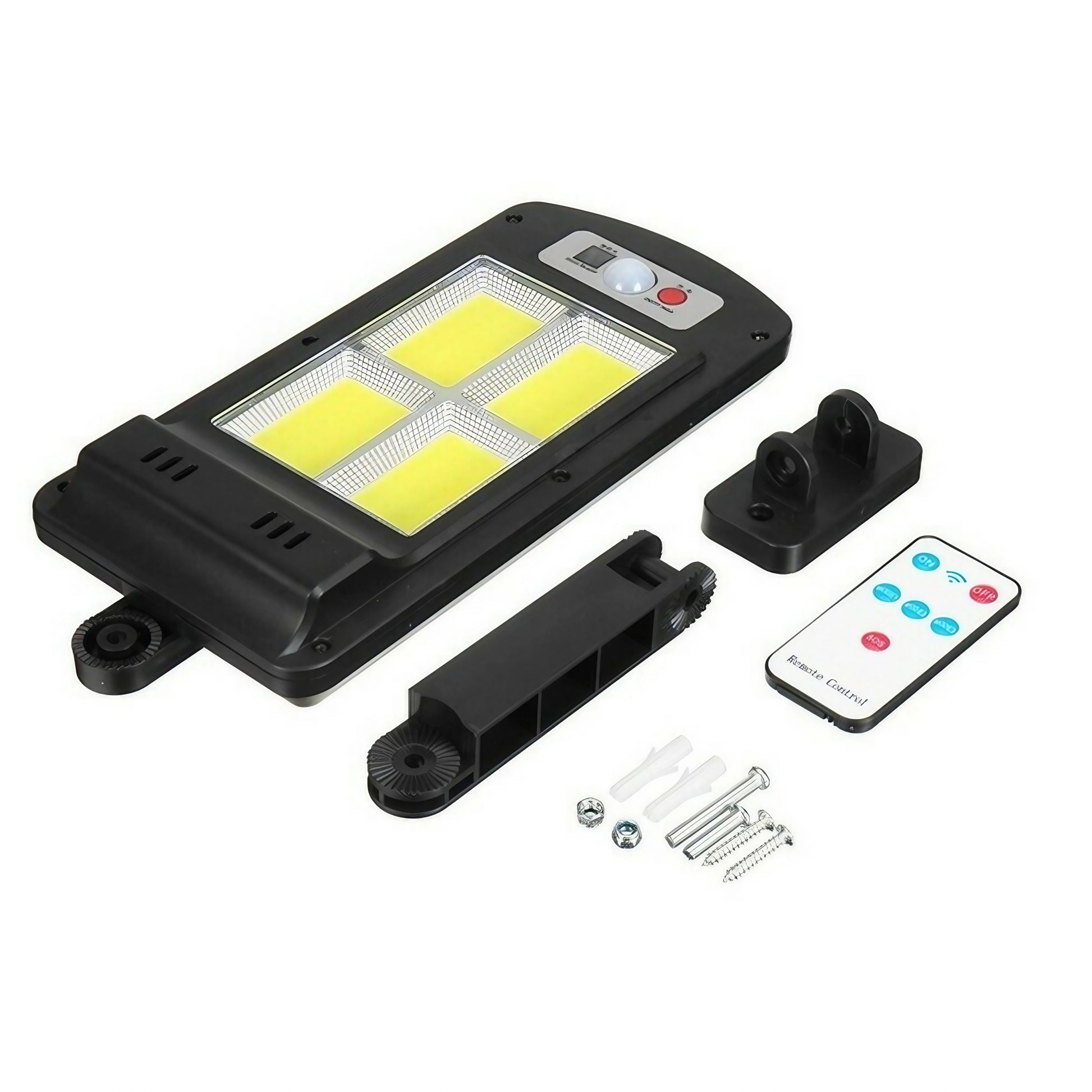 Lampa Solara De Exterior LED Klevo, 23 cm x 11.5 cm, 3072 Lumeni 128 COB LED 25.6 W - echivalent 205 W bec incadescent, IP65, Senzor de Miscare, Senzor de Lumina, 4 Grile, Alb Rece