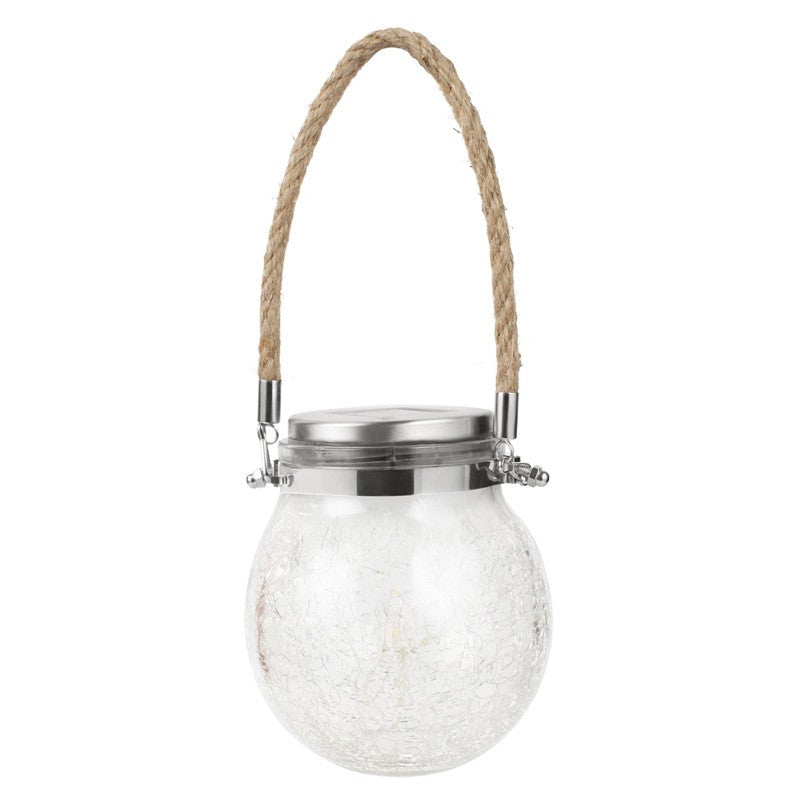 Lampa solara decorativa pentru exterior Klevo, IP65, 20 LED-uri, 600mAh, 14 x 12 cm, cu agatatoare, model borcan rotund, alb cald