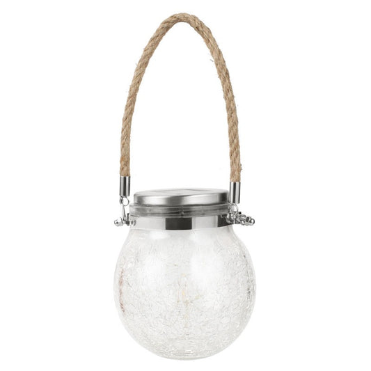 Lampa solara decorativa pentru exterior Klevo, IP65, 20 LED-uri, 600mAh, 14 x 12 cm, cu agatatoare, model borcan rotund, alb cald