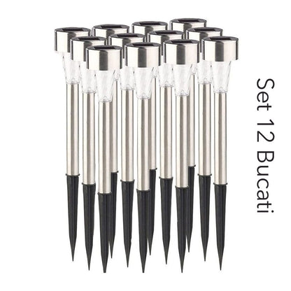Lampa solara LED de Gradina, Klevo, Set 12 Bucati, Dispersor normal, putere 0.06W, Rezistenta IP 44, Lumina Alba Rece, 29 x 4.5 x 4.5 cm, Argintiu