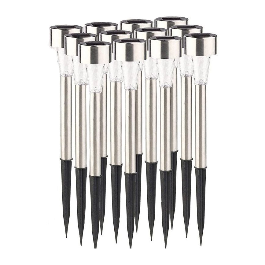 Lampa solara LED de Gradina, Klevo, Set 12 Bucati, Dispersor normal, putere 0.06W, Rezistenta IP 44, Lumina Alba Rece, 29 x 4.5 x 4.5 cm, Argintiu