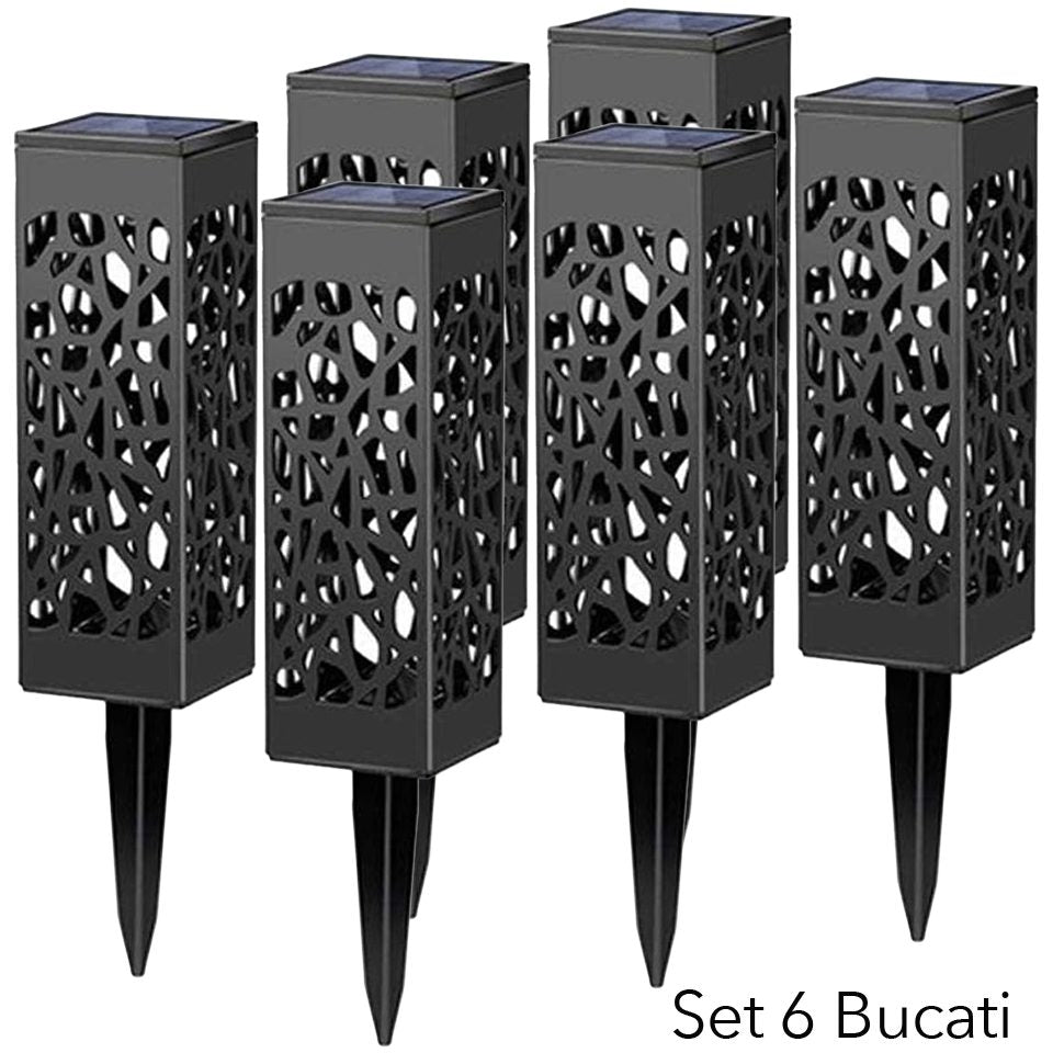 Lampa solara LED, Klevo, Set 6 Bucati, Tip Felinar, pentru Gradina, Inaltime 30.2 cm, putere 0.2W, 1.2V, 600mAh, Lumina Alb Cald, Negru