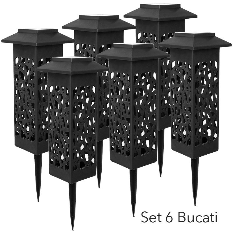 Lampa solara LED, Klevo, Set 6 Bucati, Tip Felinar cu Acoperis, pentru Gradina, Inaltime 30.2 cm, putere 0.2W, 1.2V, 600mAh, Lumina Alb Rece, Negru