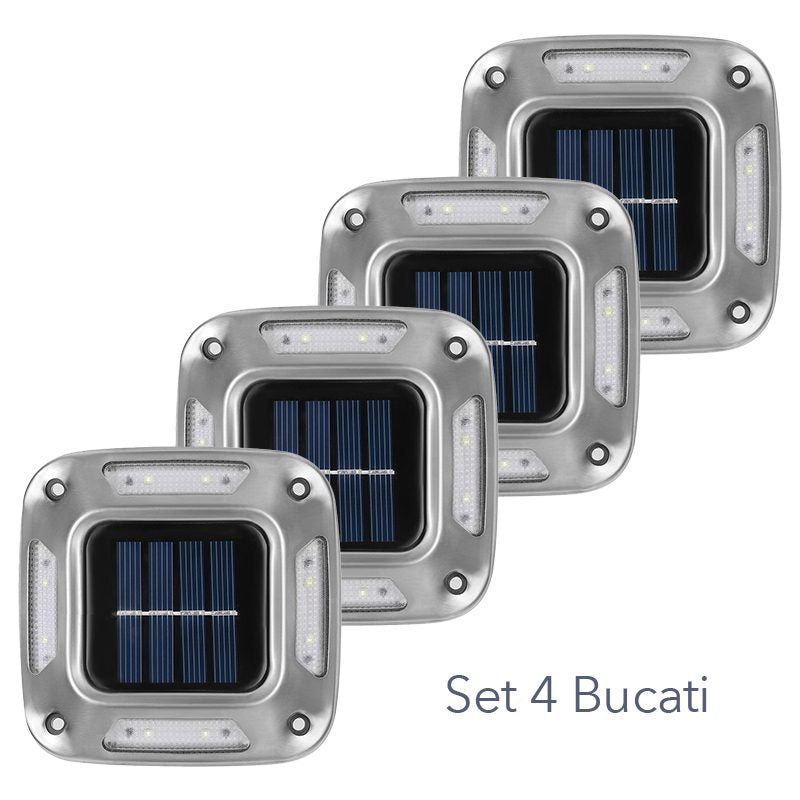 Lampa solara LED pentru gradina, Klevo, Set 4 Bucati, 8 LED-uri, Prindere de Perete / Impamantare, IP65, forma patrat, ABS si Policarbonat, 9 x 9 cm, baterie 1.2V, 600 mah, Alb Rece,  Gri