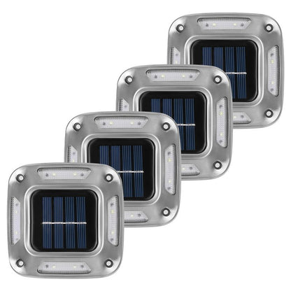 Lampa solara LED pentru gradina, Klevo, Set 4 Bucati, 8 LED-uri, Prindere de Perete / Impamantare, IP65, forma patrat, ABS si Policarbonat, 9 x 9 cm, baterie 1.2V, 600 mah, Alb Rece,  Gri