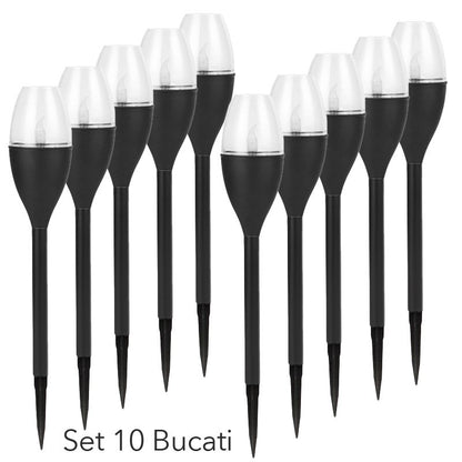 Lampa solara LED pentru gradina, Klevo, Set 10 Bucati, Tip Pahar de Vin, Inaltime 37.5 cm, efect de flacara, PVC si ABS, 2V, 200mAh, Lumina Multicolora, Negru