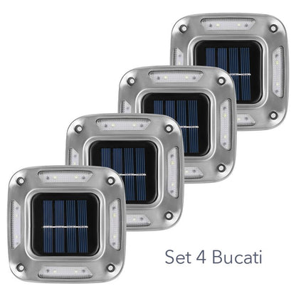 Lampa solara LED pentru gradina, Klevo, Set 4 Bucati, 8 LED-uri, Prindere de Perete / Impamantare, IP65, forma patrat, ABS si Policarbonat, 9 x 9 cm, baterie 1.2V, 600 mah, Alb Cald,  Gri