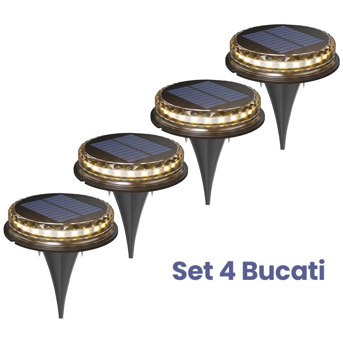 Lampa solara LED Set 4 Bucati, Klevo, Tip Spot pentru Gradina, 8 LED-uri, ABS si Policarbonat, Baterie 1.2V, 600mah, 12 x 13.5 cm, Lumina Alba Cald, Negru/Auriu
