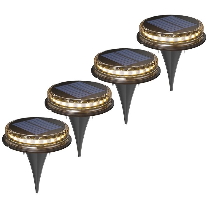 Lampa solara LED Set 4 Bucati, Klevo, Tip Spot pentru Gradina, 8 LED-uri, ABS si Policarbonat, Baterie 1.2V, 600mah, 12 x 13.5 cm, Lumina Alba Cald, Negru/Auriu