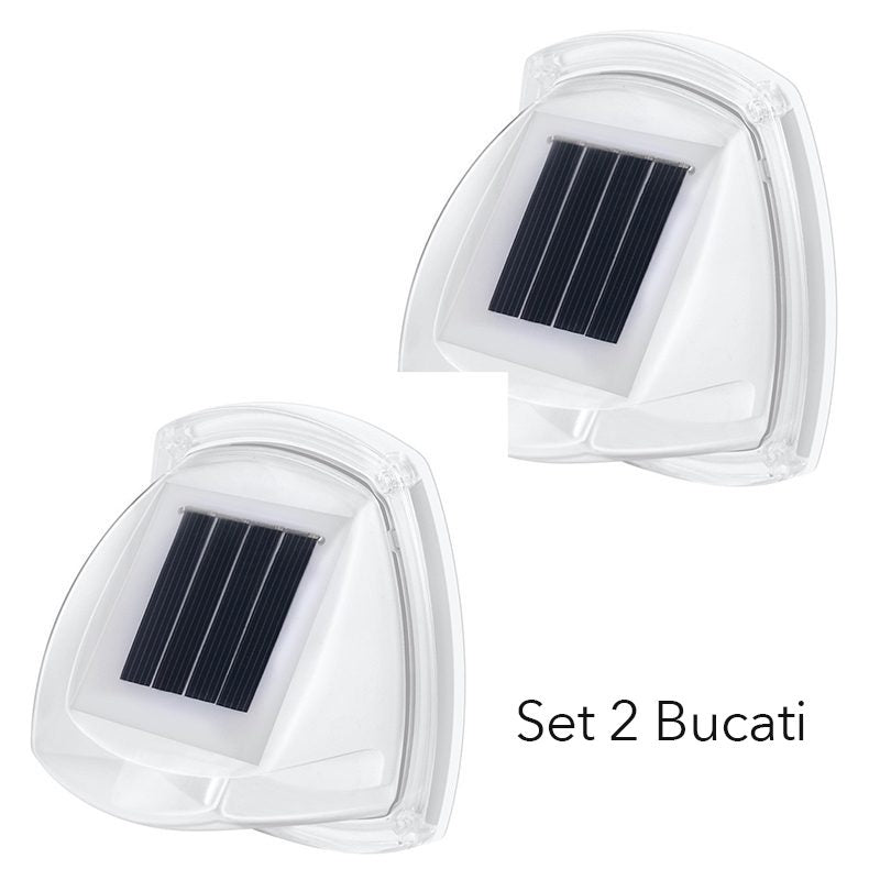 Lampa Solara LED pentru Gradina, Klevo, Set 2 Bucati, Tip Aplica pe Perete, 8.5 x 9 cm, 2V, ABS, 600mAh, Rezistent la apa, 8 LED-uri Alb Calda, Alb